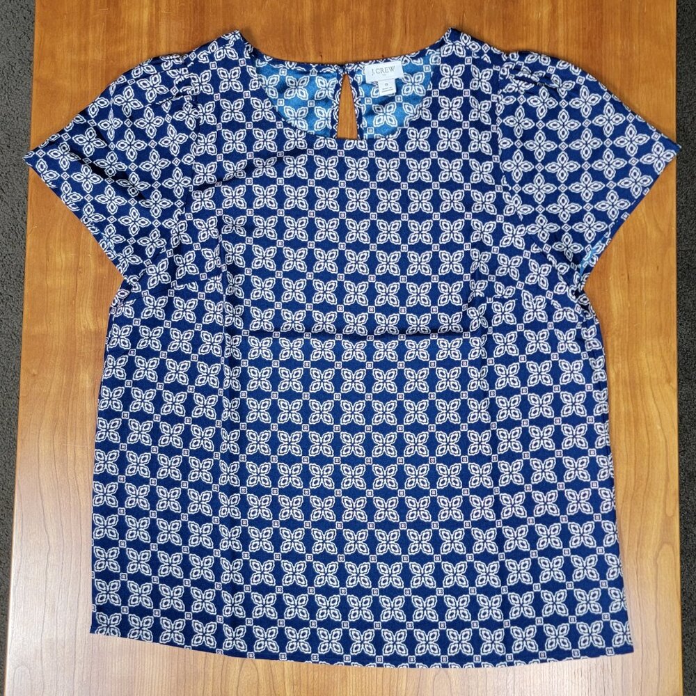 J. Crew Navy Cream Geometric Print Short Sleeve Blouse - S - Picture 4 of 7